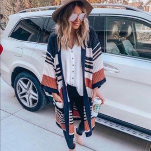 Boho Black White Stripes Knit Open Front Cardigan Casual - Picture 4 of 6